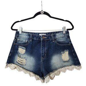 Like New Dark Wash FOREVER 21 Distressed Lace Trim Shorts 27